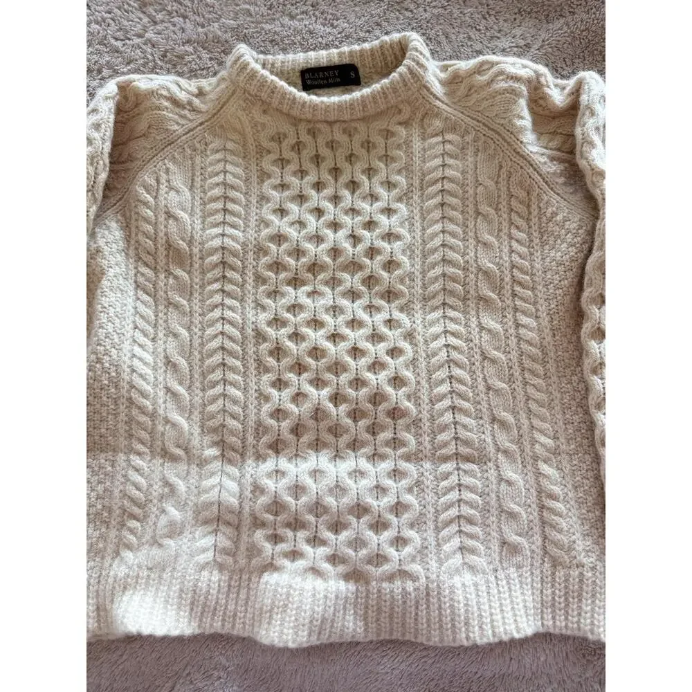 Blarney Woollen Mills Aran Sweater Cream Cable Knit Fisherman Wool Pullover S